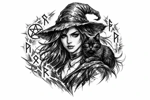 Young witch with flowing hair, a black cat perched on her shoulder, surrounded by glowing magical runes. tattoo idea