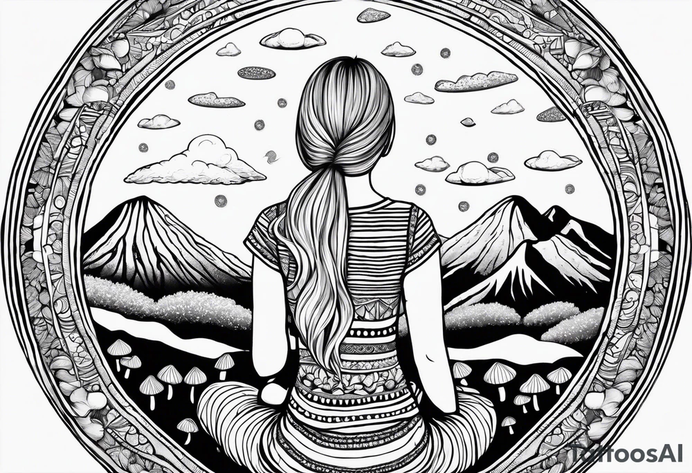 Straight blonde hair girl holding mushrooms in hand meditating facing away toward mountains surrounded by mushrooms crescent moon mandala circular design black and white striped dress tattoo idea