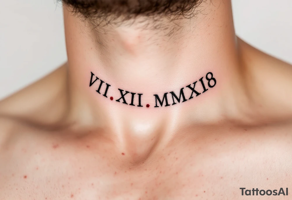 VIII.XII.MMXVIII in thick black font circling the neck like a collar, with small ruby red dots separating the numerals. tattoo idea