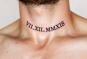 VIII.XII.MMXVIII in thick black font circling the neck like a collar, with small ruby red dots separating the numerals. tattoo idea