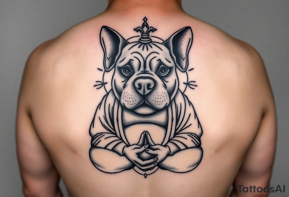 Meditating fat Buddha with happy pitbull head with floppy ears tattoo idea