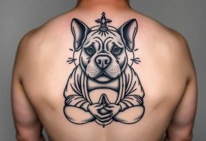 Meditating fat Buddha with happy pitbull head with floppy ears tattoo idea