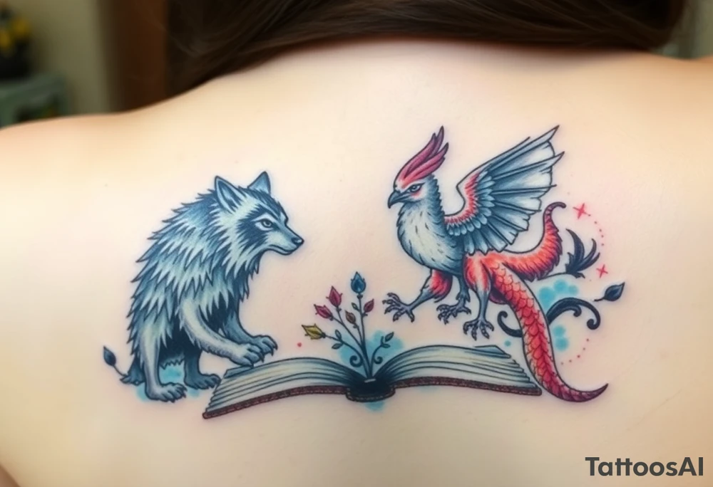 An open book with a werewolf, an owl & a dragon and a phoenix surrounding the book tattoo idea