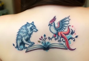 An open book with a werewolf, an owl & a dragon and a phoenix surrounding the book tattoo idea