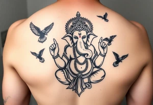 Traditional black and white Ganesha tattoo with crows fly towards and away from him tattoo idea