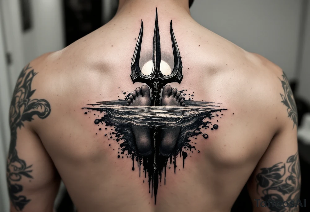 barefeet behind trident half way under water and sunset tattoo idea