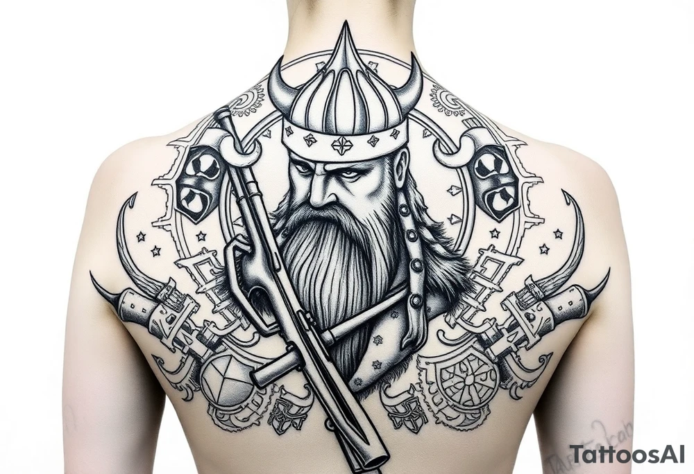 A Viking in the battlefield surrounded by Viking symbols and patterns. Hidden in the patterns is an Australian army rifle and slouch hat. tattoo idea