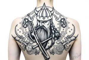 A Viking in the battlefield surrounded by Viking symbols and patterns. Hidden in the patterns is an Australian army rifle and slouch hat. tattoo idea