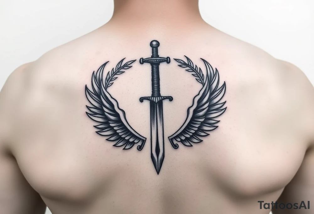 Laurel crown wreath surrounding sword and wings tattoo idea