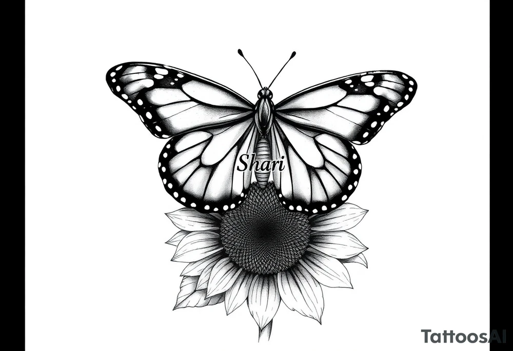 The central focus is a large butterfly with intricate wing patterns, which appears to be a monarch butterfly. It is resting on a sunflower, with its wings spread open.With the name Shari between the wings tattoo idea