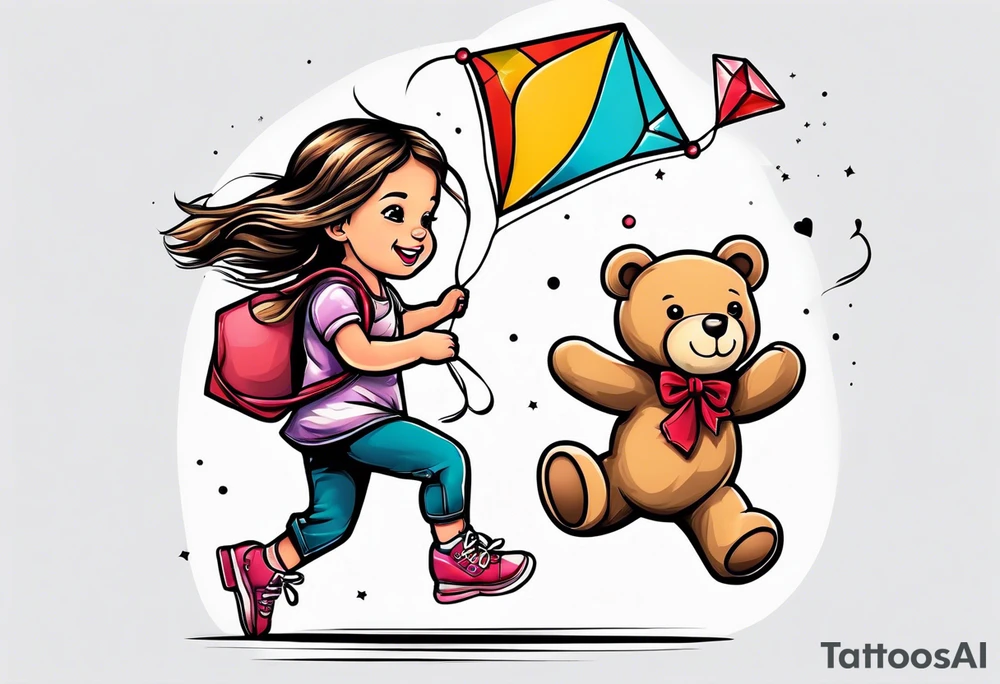 a little girl running away holding a kite with a roller skating teddy bear behind her tattoo idea