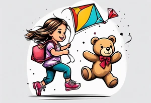 a little girl running away holding a kite with a roller skating teddy bear behind her tattoo idea