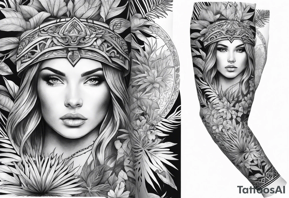 arm sleeve tattoo with The Helm of Awe surrounded by jungle plants tattoo idea