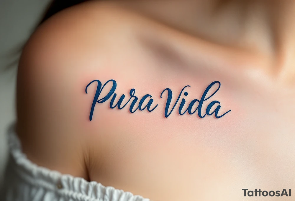 “Pura Vida” in freehand script flowing into a wave, shaded in gradient tones of blue and white. tattoo idea