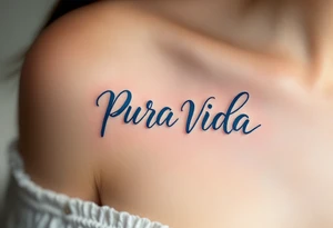 “Pura Vida” in freehand script flowing into a wave, shaded in gradient tones of blue and white. tattoo idea