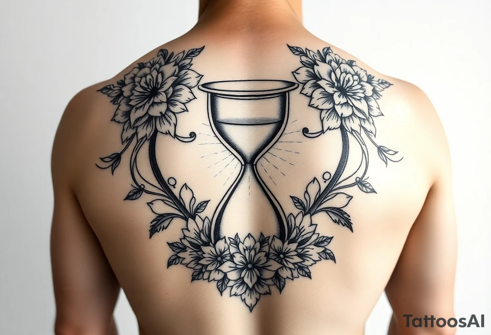 A full back tattoo with soft florals at the top. In the middle, there’s an hourglass. And below it is soft, florals, connecting to the flowers at the top. 
Include sexy mandala pattern lines that curve with the back tattoo idea