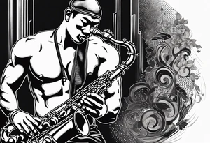 Muay Thai boxer with strong body is playing jazz on a Selmer tenor saxophone in a jazz club front of a jazz trio band. The notes are coming out from the saxophone and turning into buddhist symbols. tattoo idea
