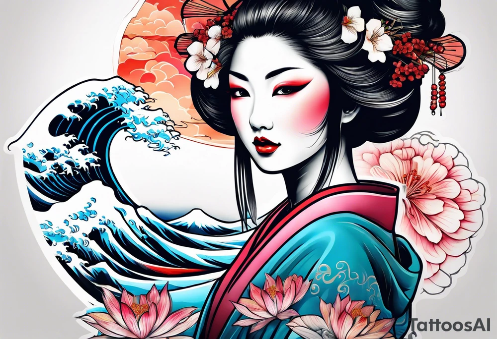 geisha girl that turns into a Japanese waterfall tattoo idea
