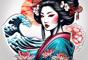 geisha girl that turns into a Japanese waterfall tattoo idea