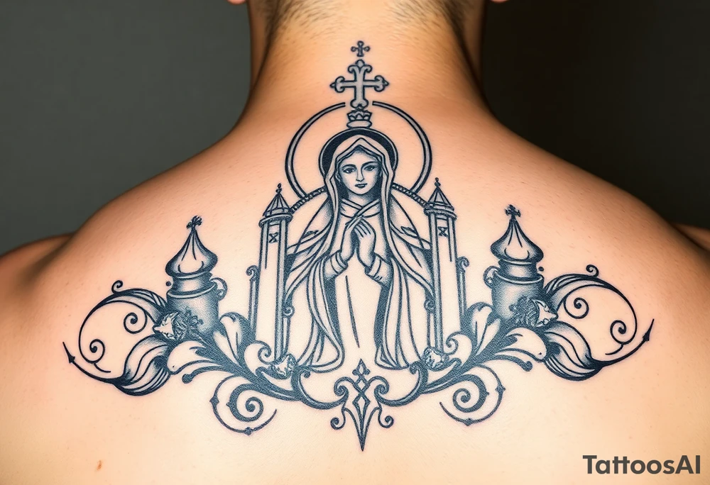 Russian church and orthodox icon realistic with madonna icon of kazan tattoo idea