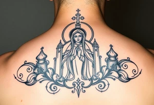 Russian church and orthodox icon realistic with madonna icon of kazan tattoo idea