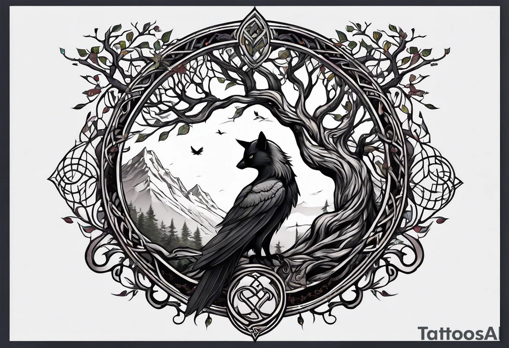 yggdrasil with a cat and a raven and knotwork tattoo idea