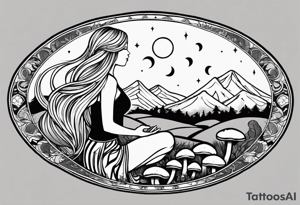 Straight blonde hair girl meditating facing away toward mountains surrounded by mushrooms crescent moon mandala circular design black and white striped dress tattoo idea