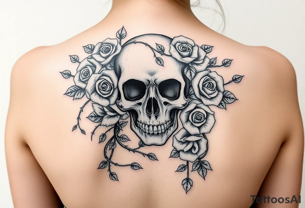 gothic skull intertwined with climbing roses and thorny vines tattoo idea