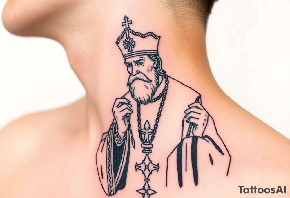 Russian orthodox priest in a detailed vestment swinging censer chains tattoo idea