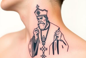 Russian orthodox priest in a detailed vestment swinging censer chains tattoo idea