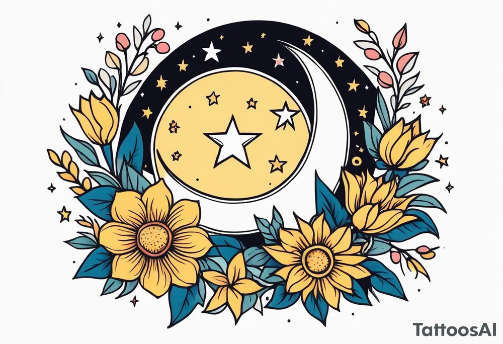 stars and moon

old school vintage simple traditional design with vintage flowers surrounding it bold color simple tattoo idea