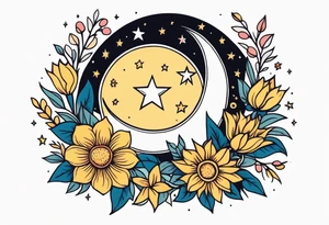 stars and moon

old school vintage simple traditional design with vintage flowers surrounding it bold color simple tattoo idea