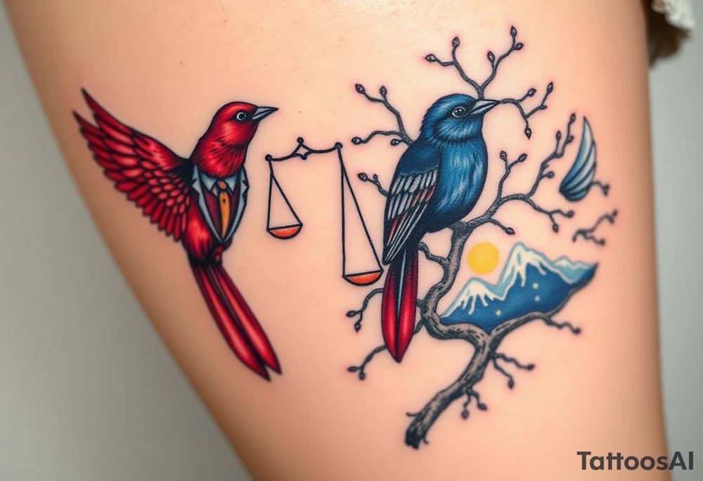 2 birds as the focus, 1 red bird in a suit, 1 navy blue bird with glasses, scales of justice in a tree, starry night painting and mountain background tattoo idea