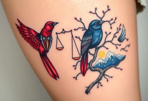 2 birds as the focus, 1 red bird in a suit, 1 navy blue bird with glasses, scales of justice in a tree, starry night painting and mountain background tattoo idea