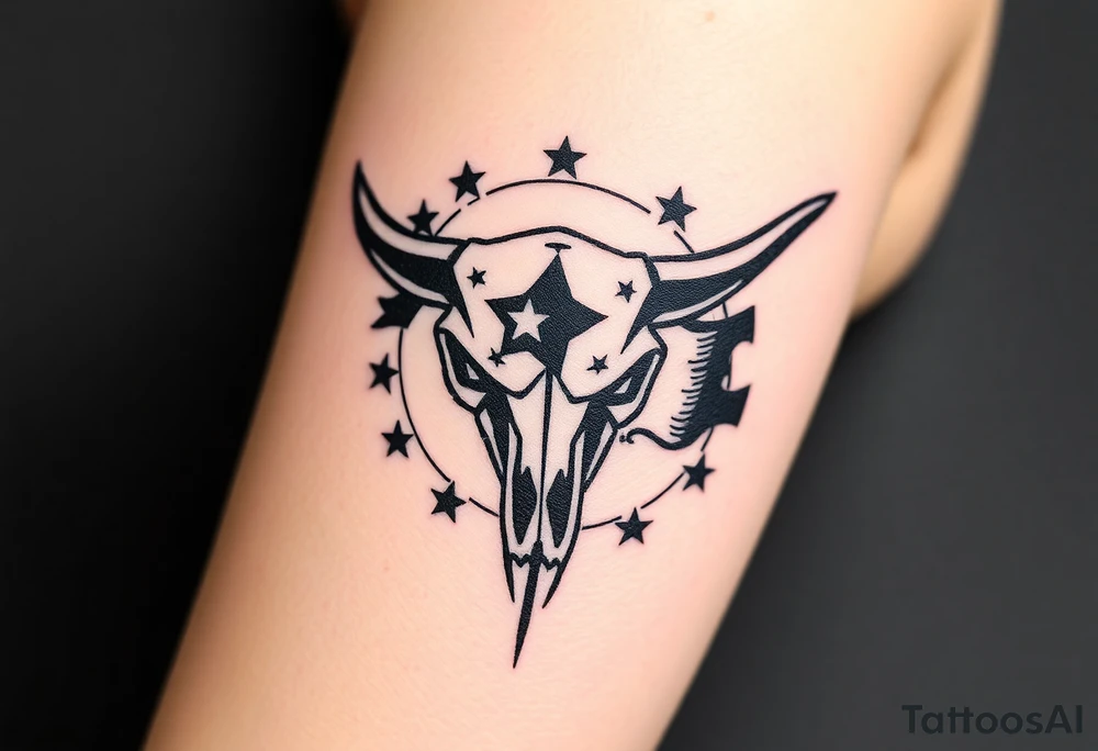 Longhorn skull Texas flag next to it with stars and circling it tattoo idea