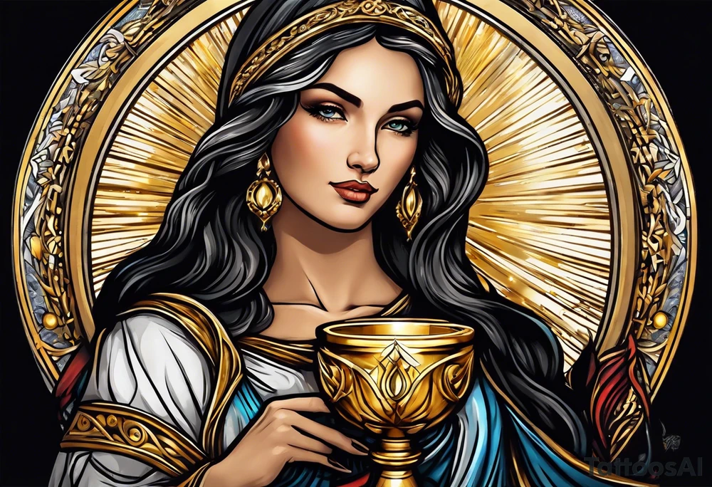 woman saint holding chalice surrounded by golden halo portrait tattoo idea