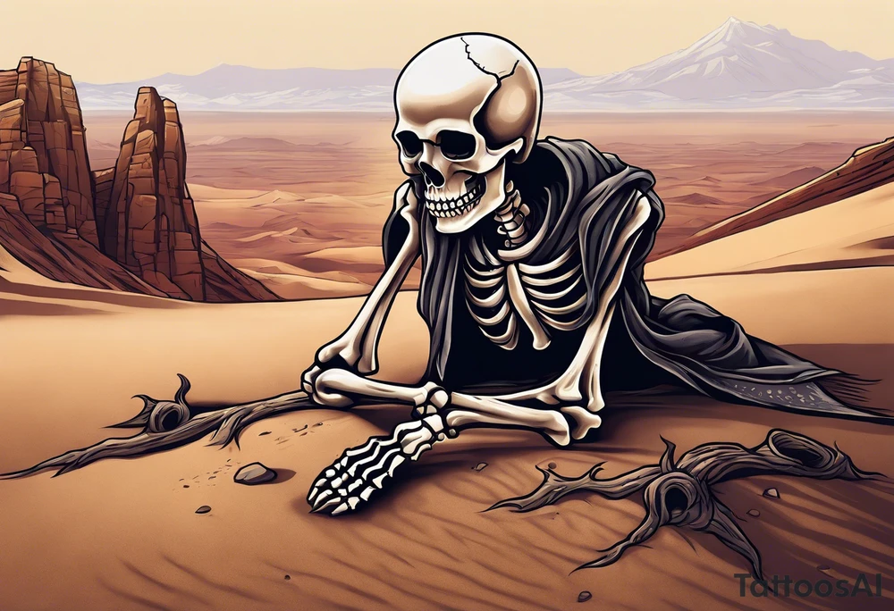skeleton crawling towards a cross in a desert tattoo idea