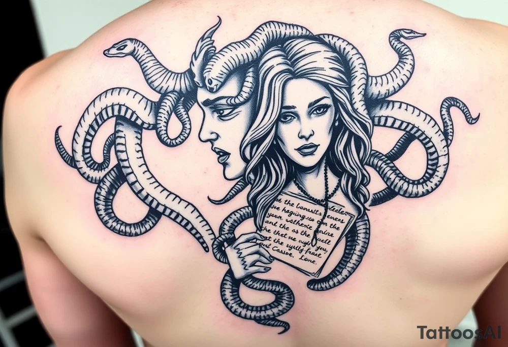 Medusa with snakes but one side of the face is a pretty woman with a scripture tattoo idea