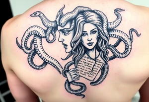 Medusa with snakes but one side of the face is a pretty woman with a scripture tattoo idea