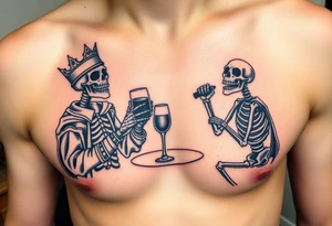evil skeleton king in clothes having a good time getting drunk with skeleton dog tattoo idea