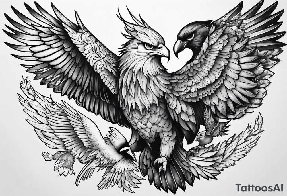 Phoenix with eagle, deer and owl shadowing in the left wing and tiger and raven shadowing in the right wing tattoo idea