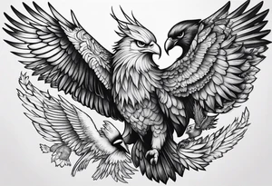 Phoenix with eagle, deer and owl shadowing in the left wing and tiger and raven shadowing in the right wing tattoo idea
