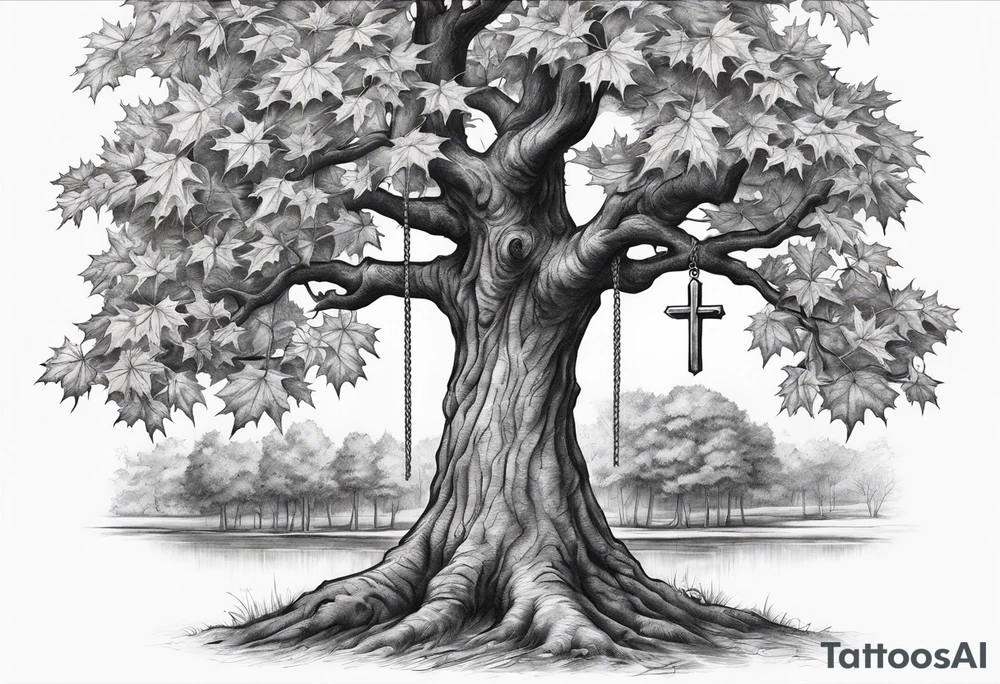 A maple tree with a cross as the trunk. tattoo idea
