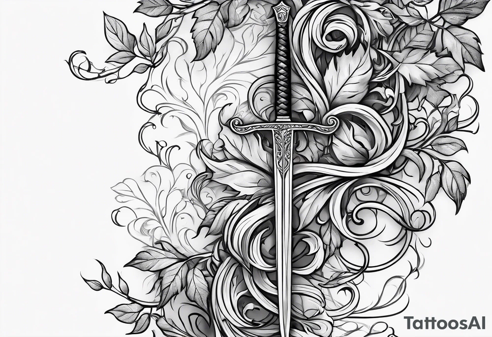 Leafy vines with sword tattoo idea