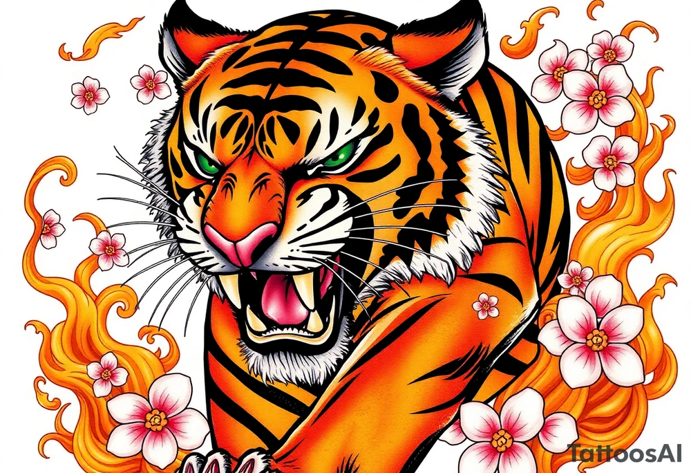 A fierce and majestic tiger, mid-roar, with piercing emerald-green eyes and bold orange-and-black striped fur. Its powerful muscles are accentuated by intricate shading, giving it a lifelike presence. Surrounding the tiger are swirling golden flames, symbolizing strength and resilience, while delicate cherry blossom petals in soft pink and white float around, representing balance between power and grace. tattoo idea