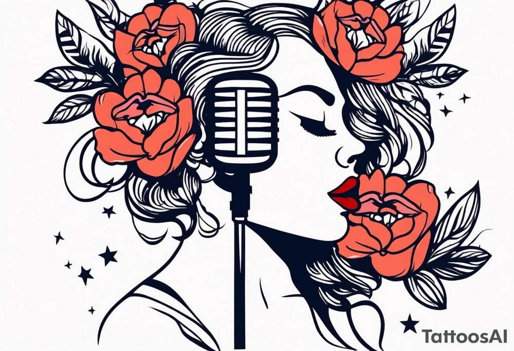 lips singing old school vintage traditional
flowers around and mouth next to microphone
bold and colorful simple design tattoo idea