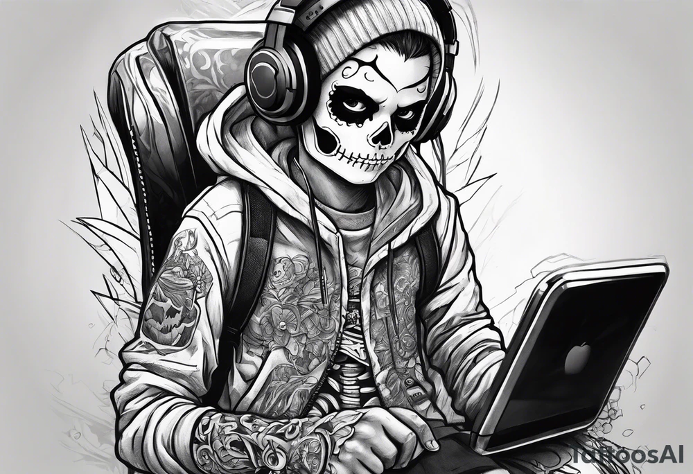 Kid wearing a skeleton costume playing video games tattoo idea