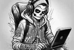 Kid wearing a skeleton costume playing video games tattoo idea