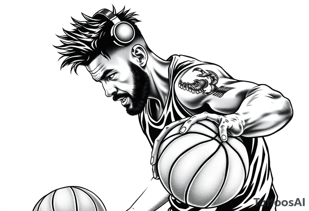 A guy dribbling a basketball with headphones on tattoo idea