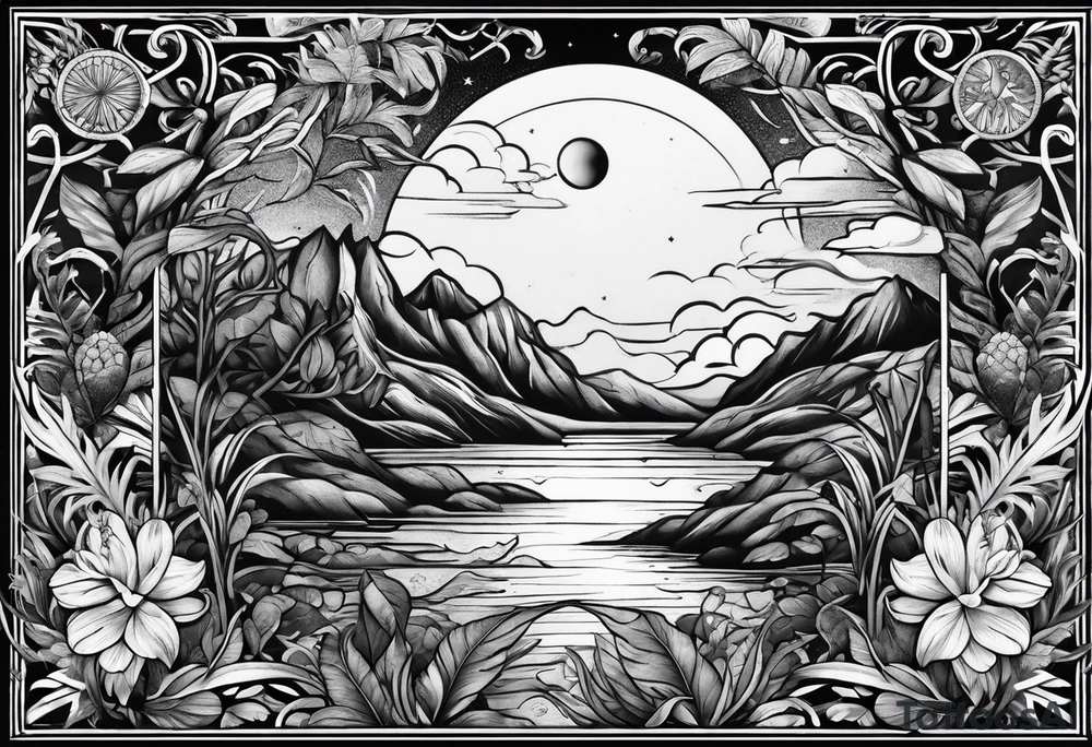 sleeve tattoo with jungle plants and Vegvisir, moon and beach tattoo idea